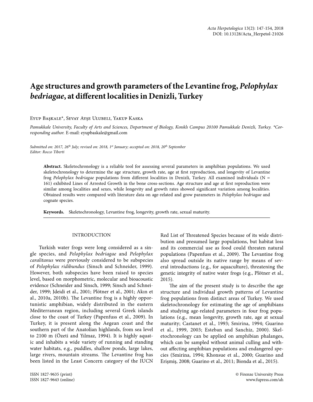 Age Structures and Growth Parameters of the Levantine Frog, Pelophylax Bedriagae, at Different Localities in Denizli, Turkey