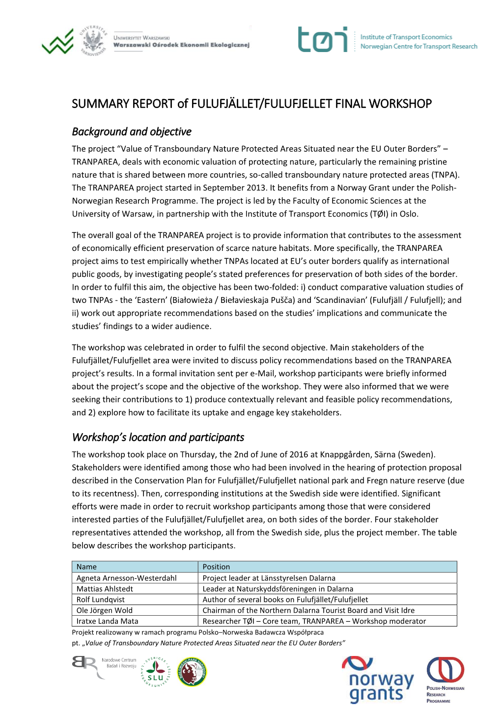 SUMMARY REPORT of FULUFJÄLLET/FULUFJELLET FINAL WORKSHOP