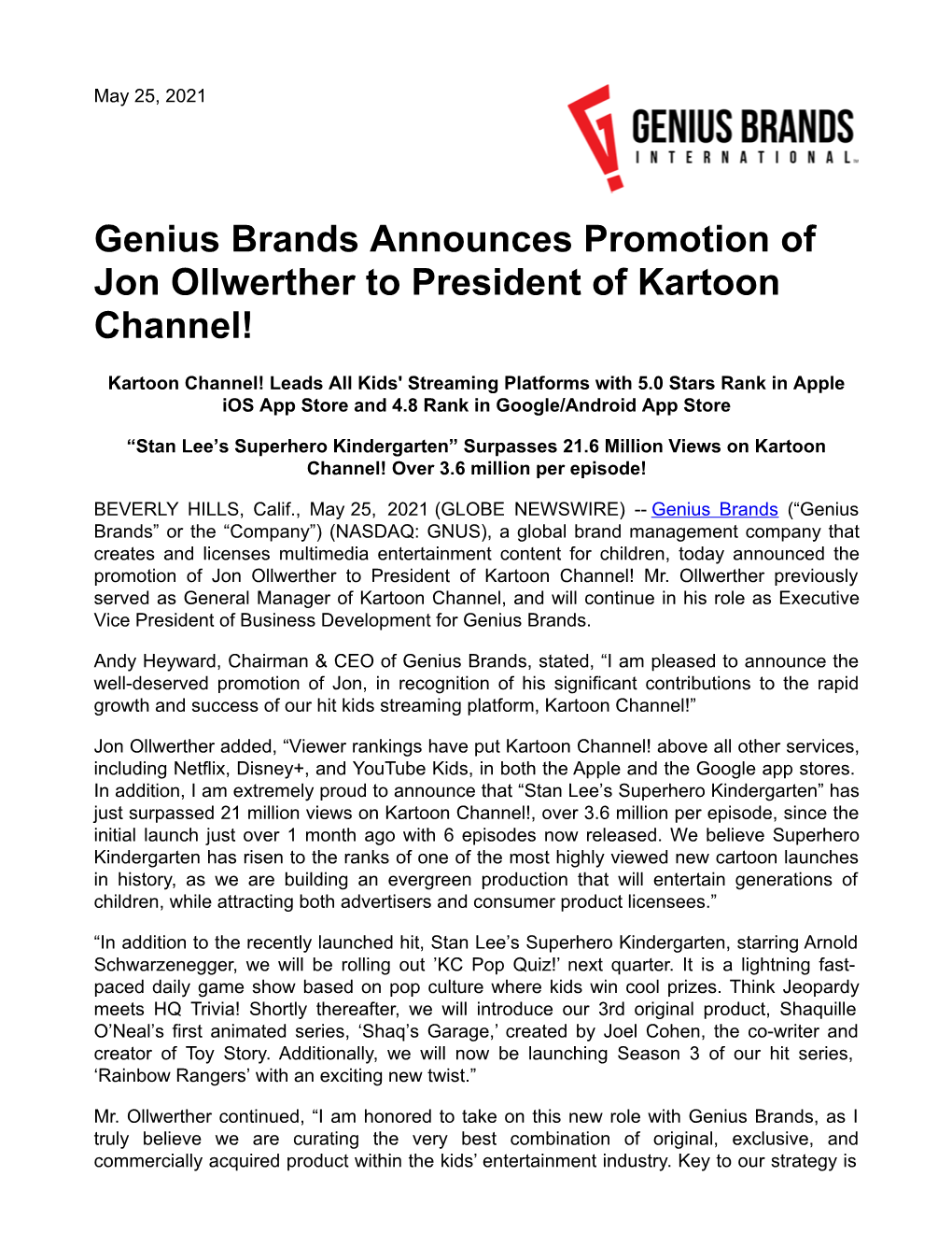 Genius Brands Announces Promotion of Jon Ollwerther to President of Kartoon Channel!