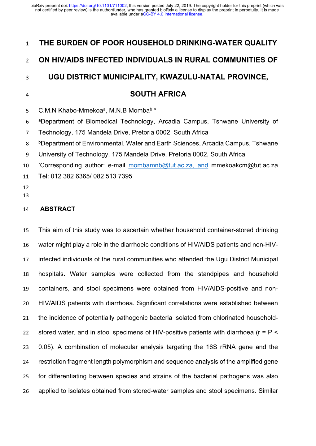 The Burden of Poor Household Drinking-Water Quality on HIV/AIDS Infected Individuals in Rural Communities of Ugu District Munici