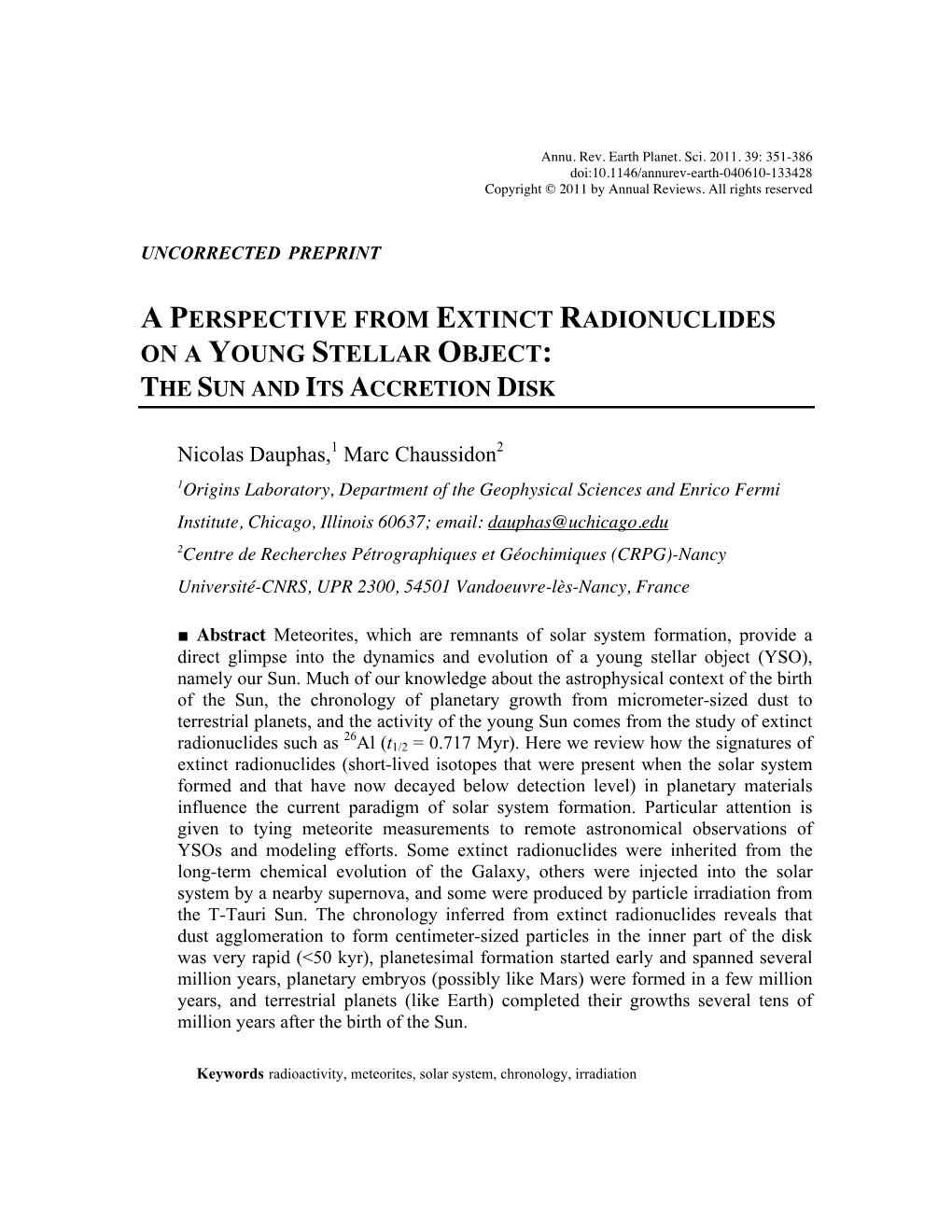 A Perspective from Extinct Radionuclides on a Young Stellar Object: the Sun and Its Accretion Disk