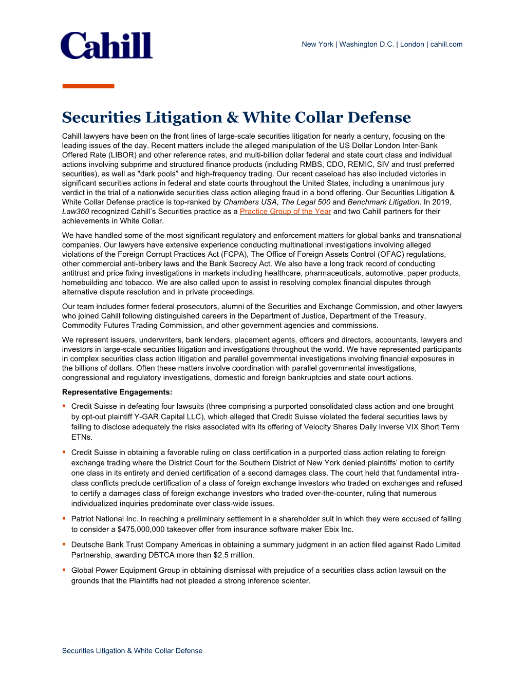 Securities Litigation & White Collar Defense