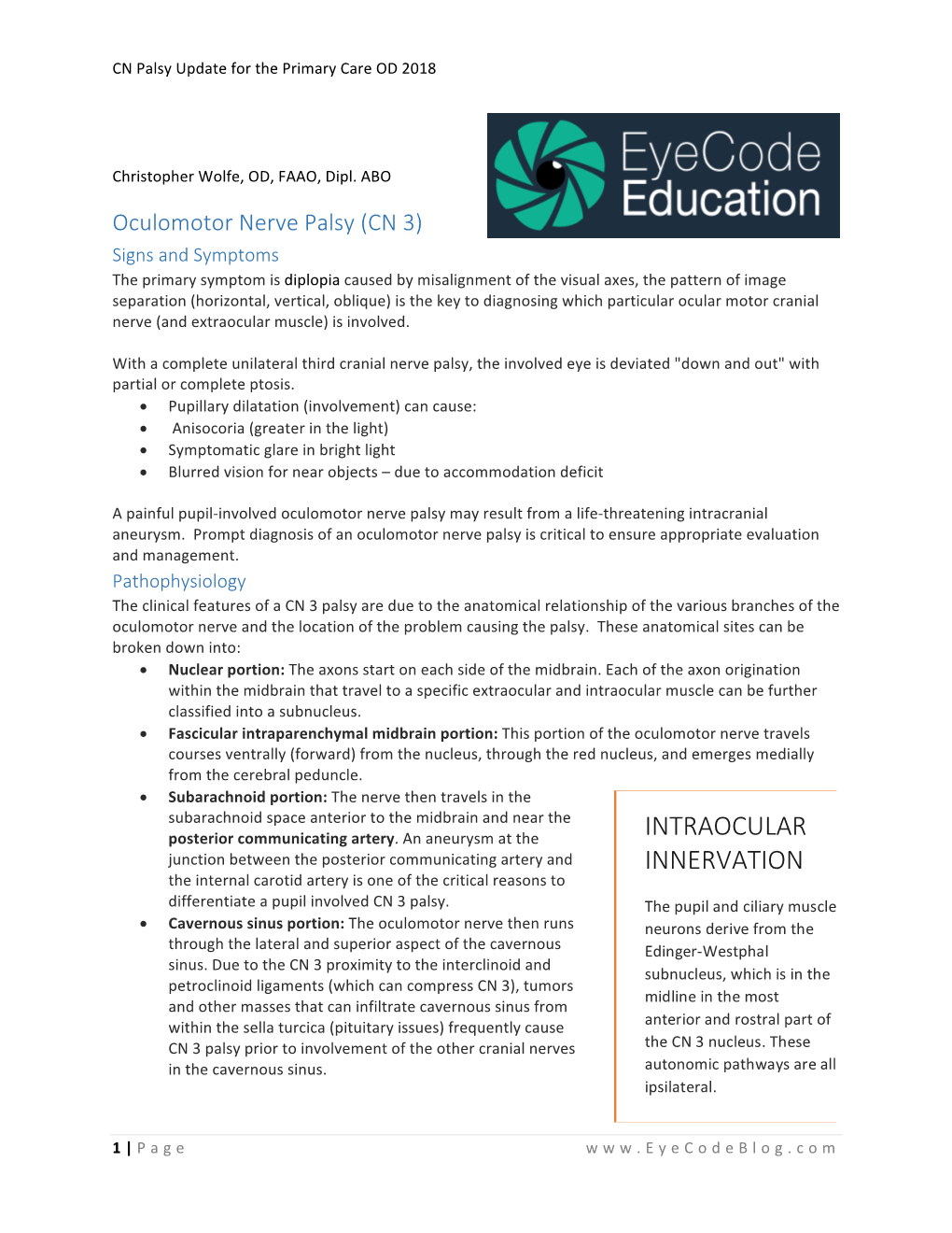 CN Palsy Update for the Primary Care OD 2018