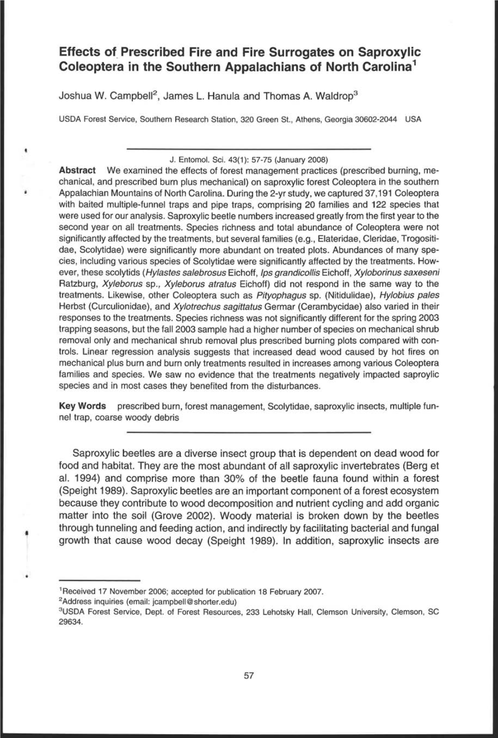 Effects Of. Prescribed Fire and Fire Surrogates on Saproxylic Coleoptera in the Southern Appalachians of North Carolina 1