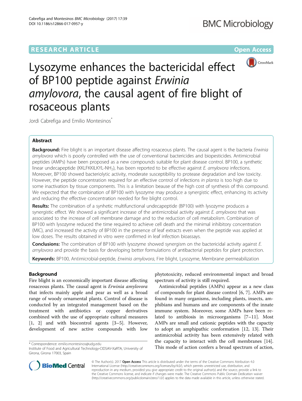 Lysozyme Enhances the Bactericidal Effect of BP100 Peptide Against Erwinia Amylovora, the Causal Agent of Fire Blight of Rosaceo