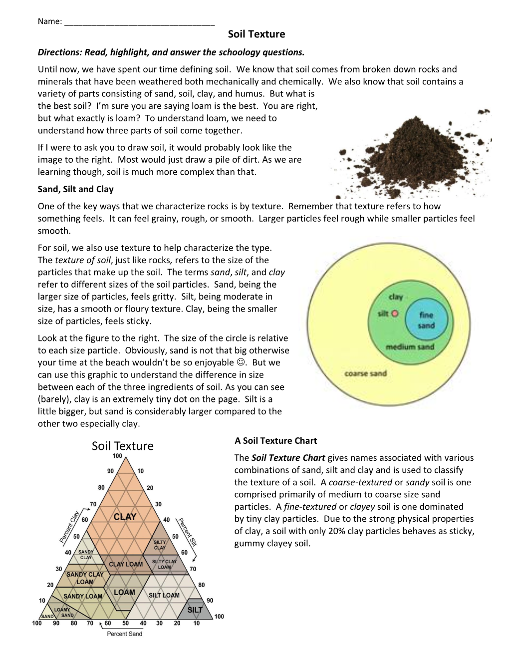 Soil Texture Chart Chart the Soil Texture Chart Gives Names Associated with Various Combinations of Sand, Silt and Clay and Is Used to Classify the Texture of a Soil