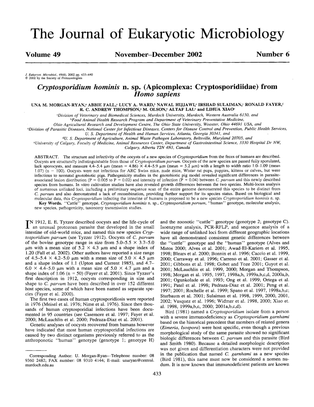 Cryptosporidium Hominis N. Sp. (Apicomplexa: Cryptosporidiidae) from Homo Sapiens