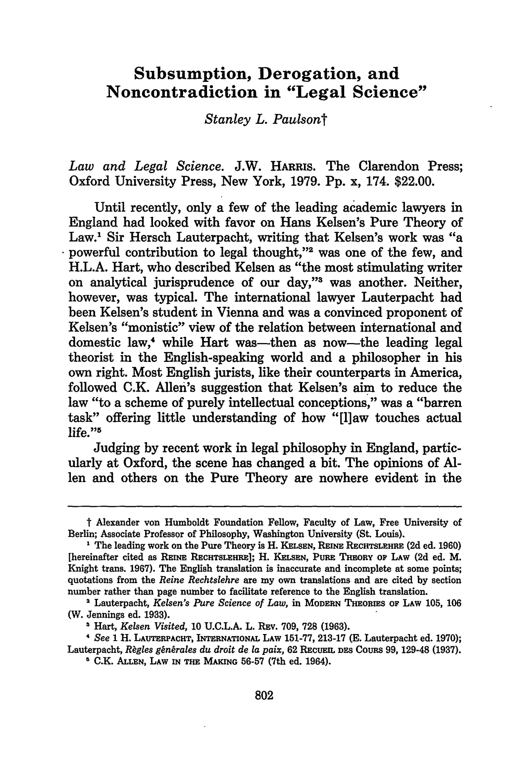 Subsumption, Derogation, and Noncontradiction in "Legal Science" Stanley L