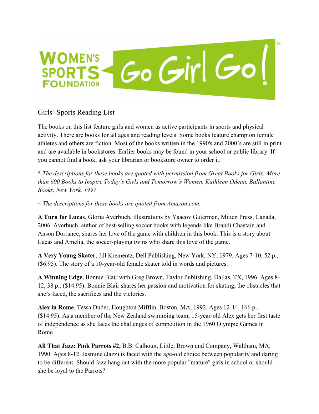 Girls' Sports Reading List