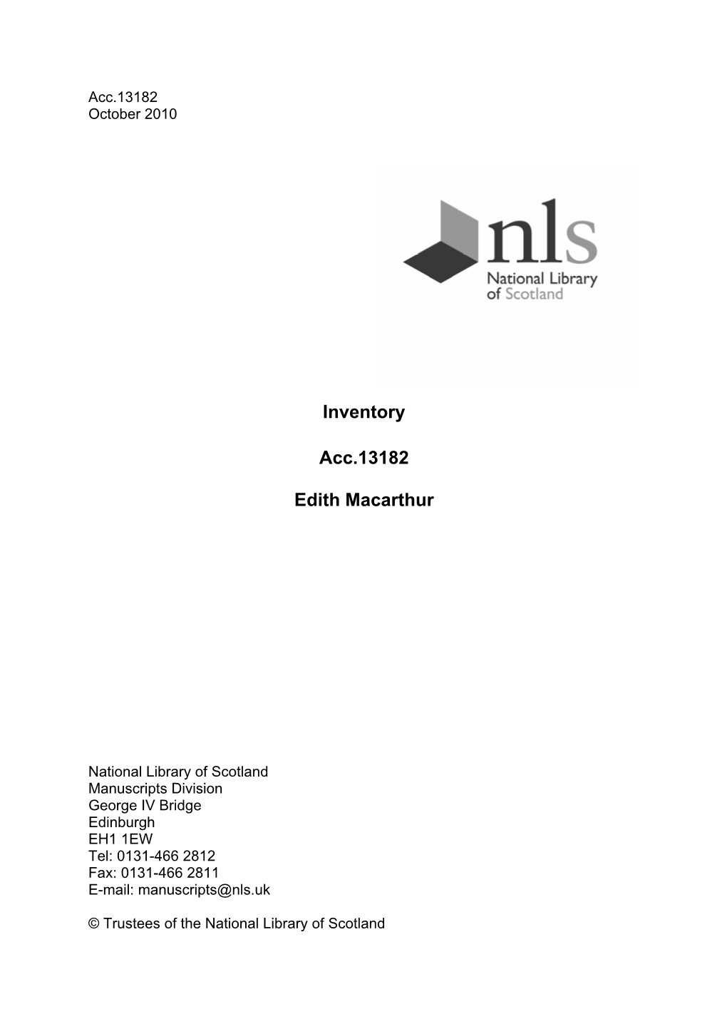 Inventory Acc.13182 Edith Macarthur