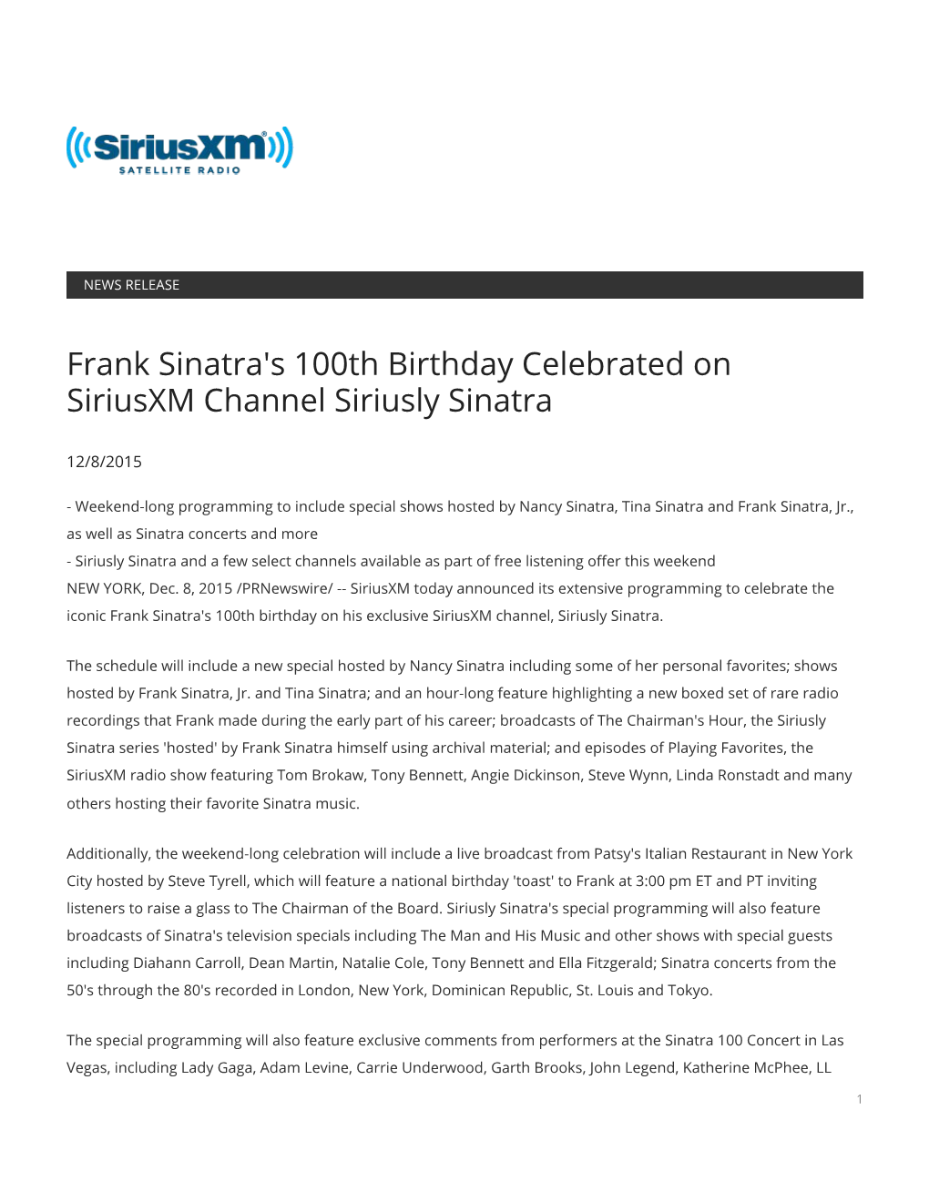 Frank Sinatra's 100Th Birthday Celebrated on Siriusxm Channel Siriusly Sinatra