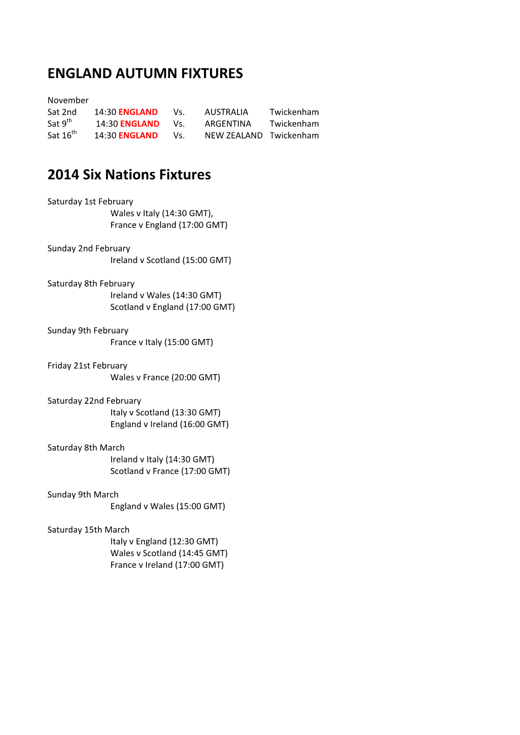 ENGLAND AUTUMN FIXTURES 2014 Six Nations Fixtures