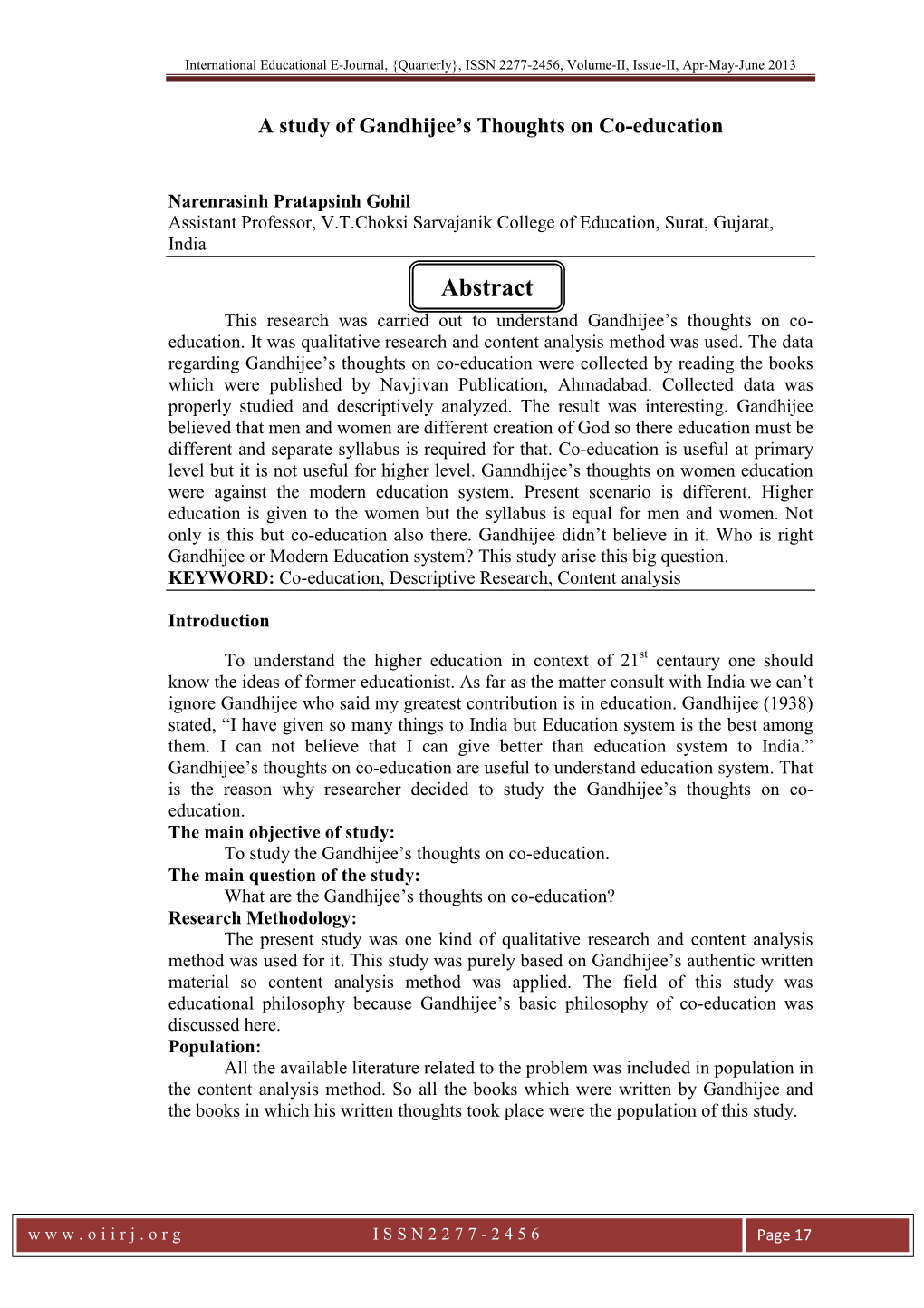 Abstract This Research Was Carried out to Understand Gandhijee’S Thoughts on Co- Education