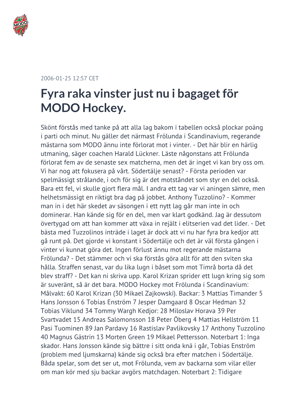Fyra Raka Vinster Just Nu I Bagaget För MODO Hockey