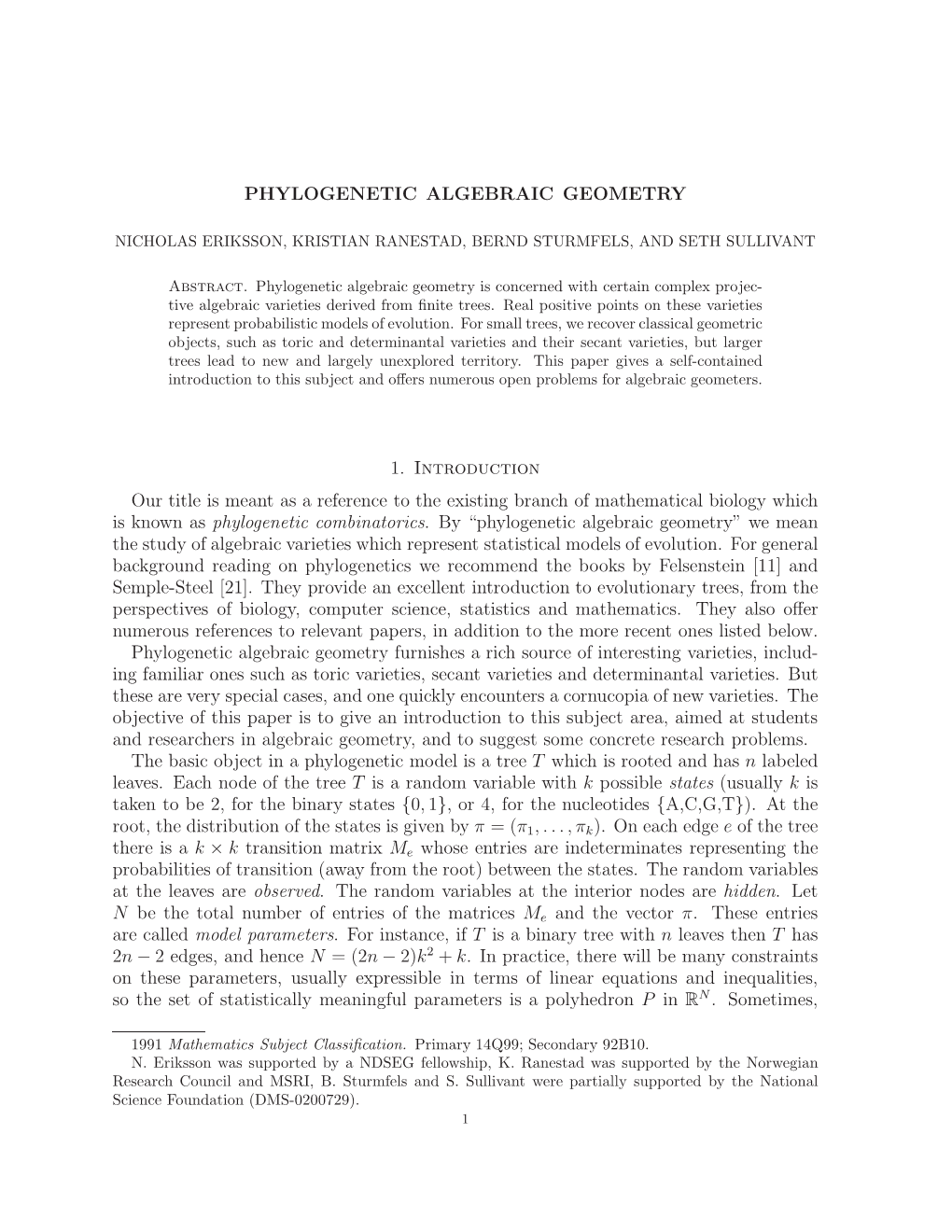 Phylogenetic Algebraic Geometry