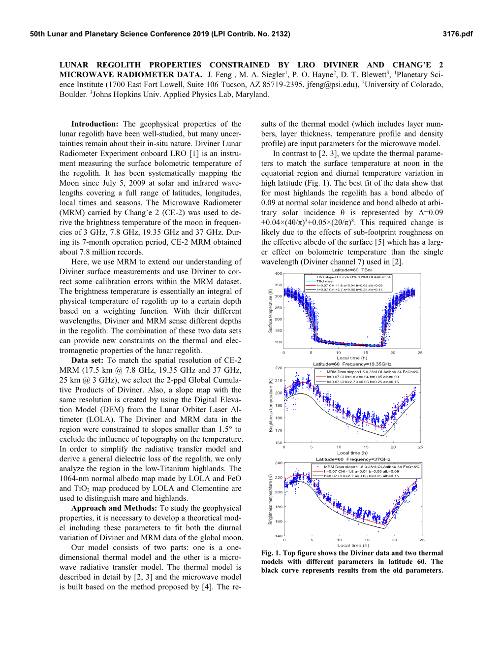 LUNAR REGOLITH PROPERTIES CONSTRAINED by LRO DIVINER and CHANG'e 2 MICROWAVE RADIOMETER DATA. J. Feng1, M. A. Siegler1, P. O