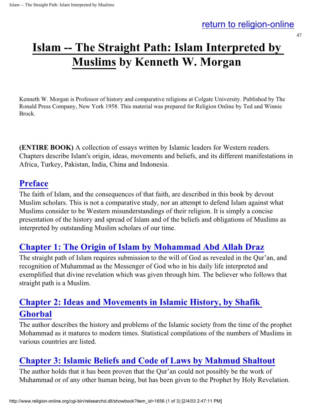 The Straight Path: Islam Interpreted by Muslims by Kenneth W. Morgan