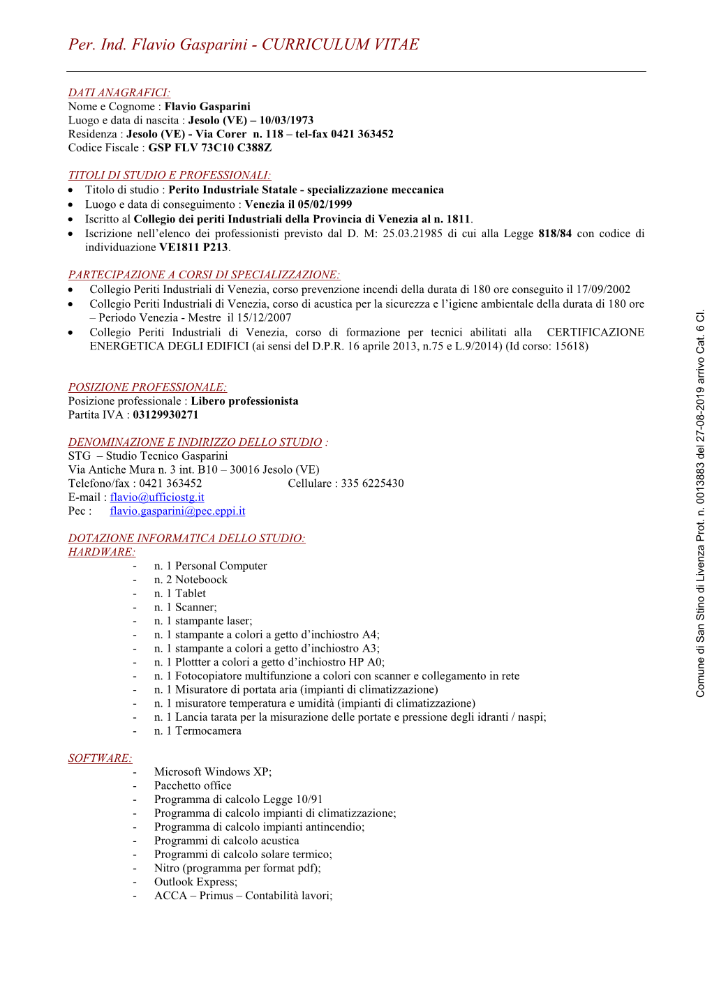 Per. Ind. Flavio Gasparini - CURRICULUM VITAE