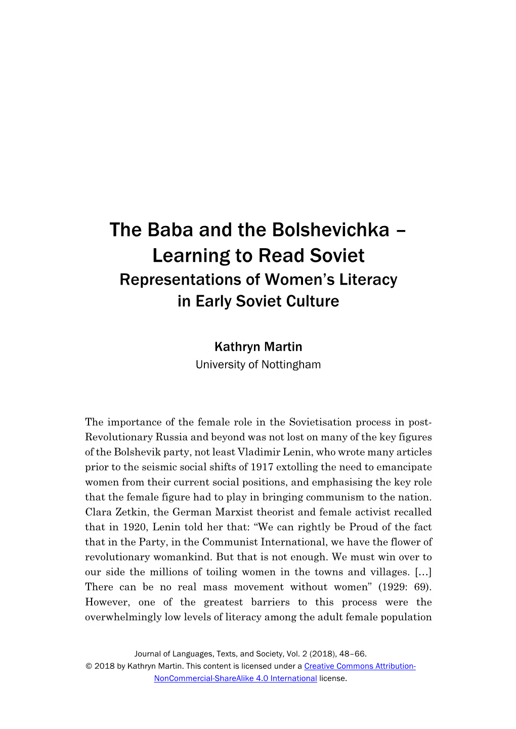 The Baba and the Bolshevichka – Learning to Read Soviet Representations of Women’S Literacy in Early Soviet Culture