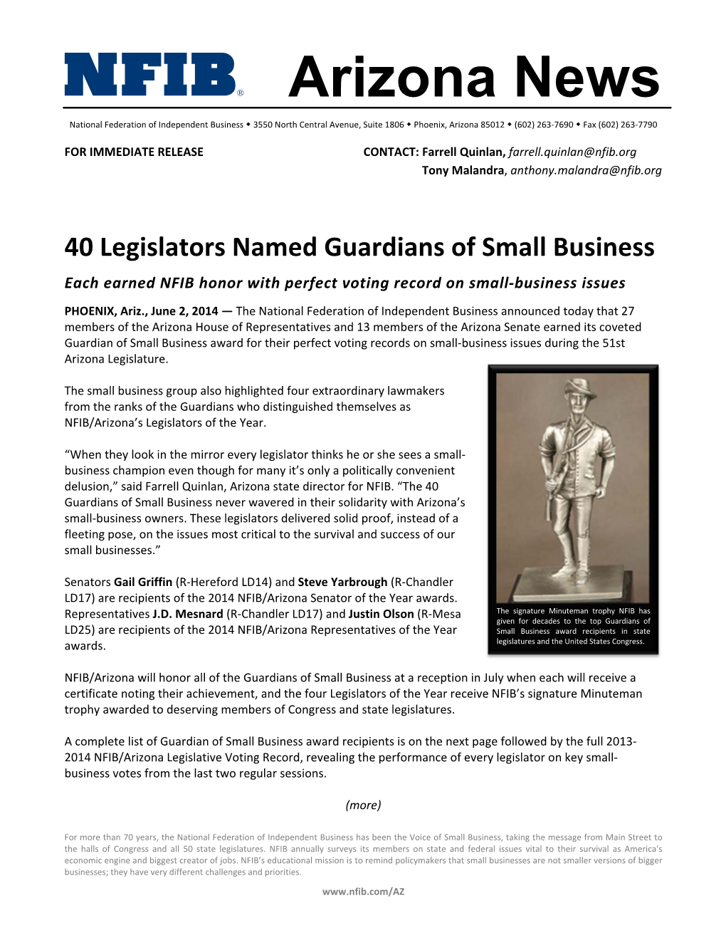 40 Legislators Named Guardians of Small Business Each Earned NFIB Honor with Perfect Voting Record on Small‐Business Issues