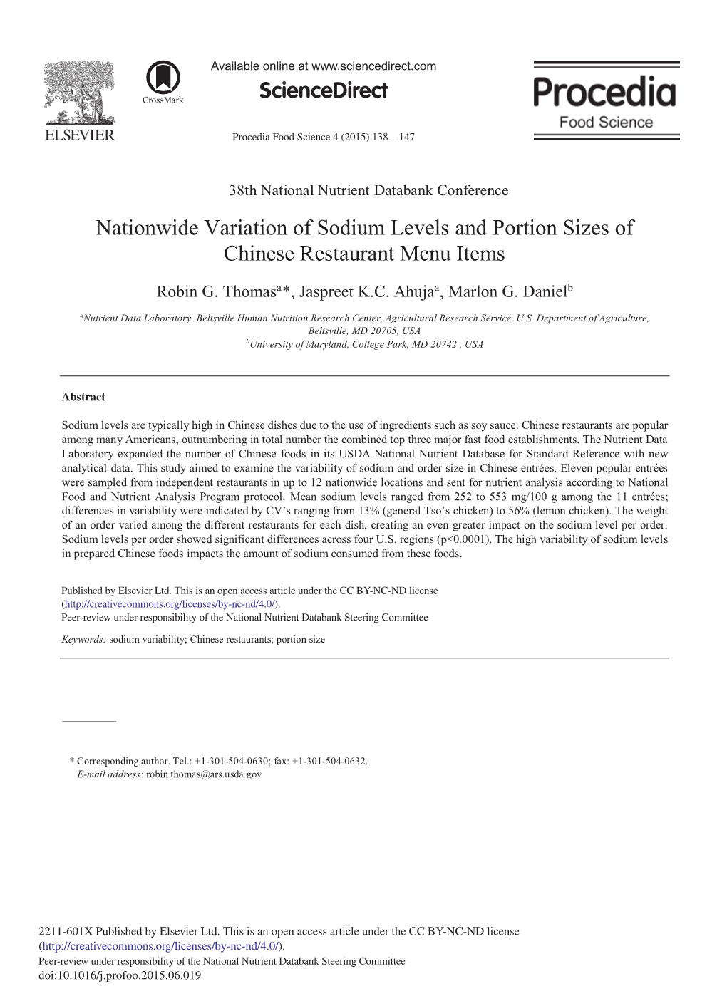 Nationwide Variation of Sodium Levels and Portion Sizes of Chinese Restaurant Menu Items