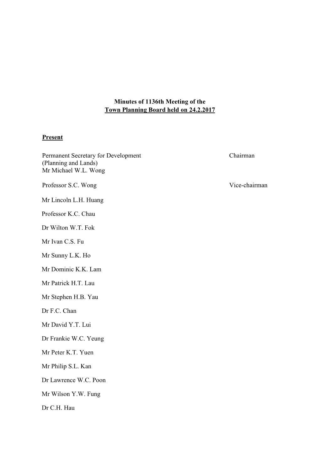 Minutes of 1136Th Meeting of the Town Planning Board Held on 24.2.2017 Present Permanent Secretary for Development Chairman