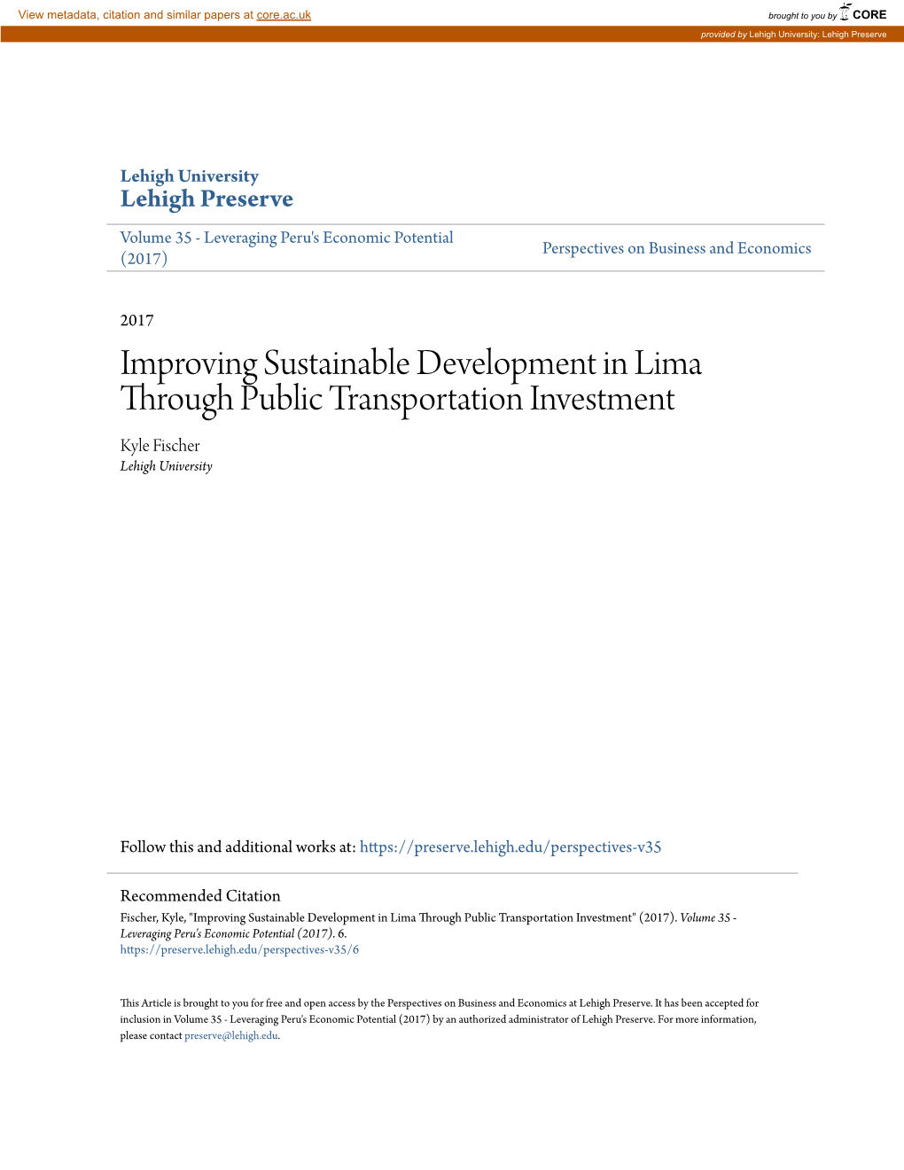 Improving Sustainable Development in Lima Through Public Transportation Investment Kyle Fischer Lehigh University