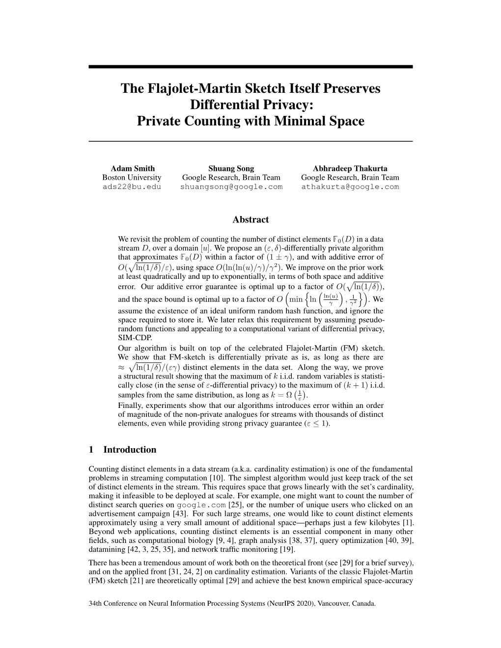 The Flajolet-Martin Sketch Itself Preserves Differential Privacy: Private Counting with Minimal Space