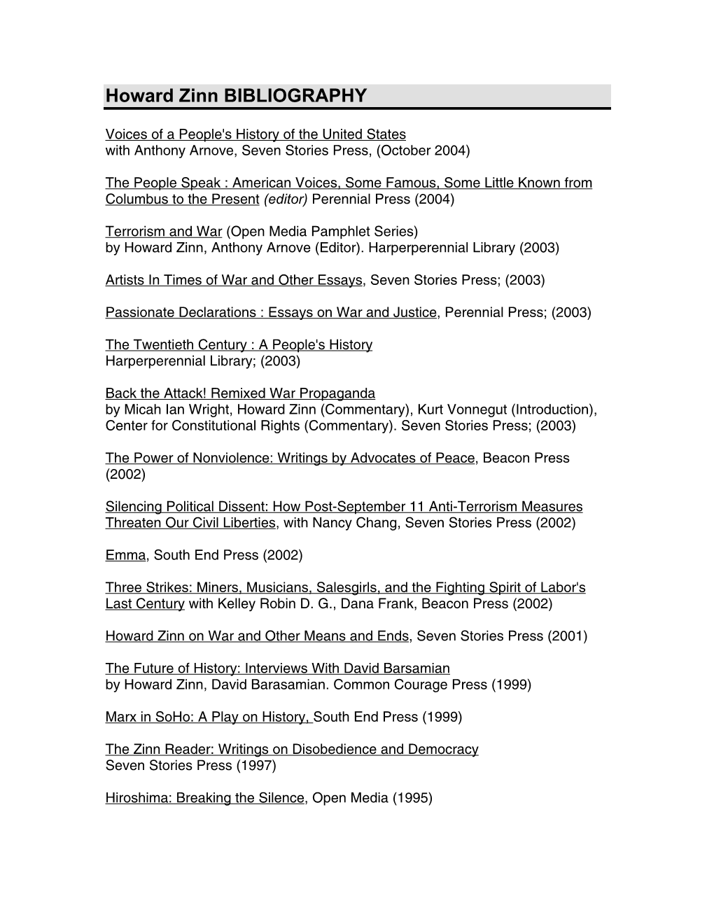 Howard Zinn BIBLIOGRAPHY