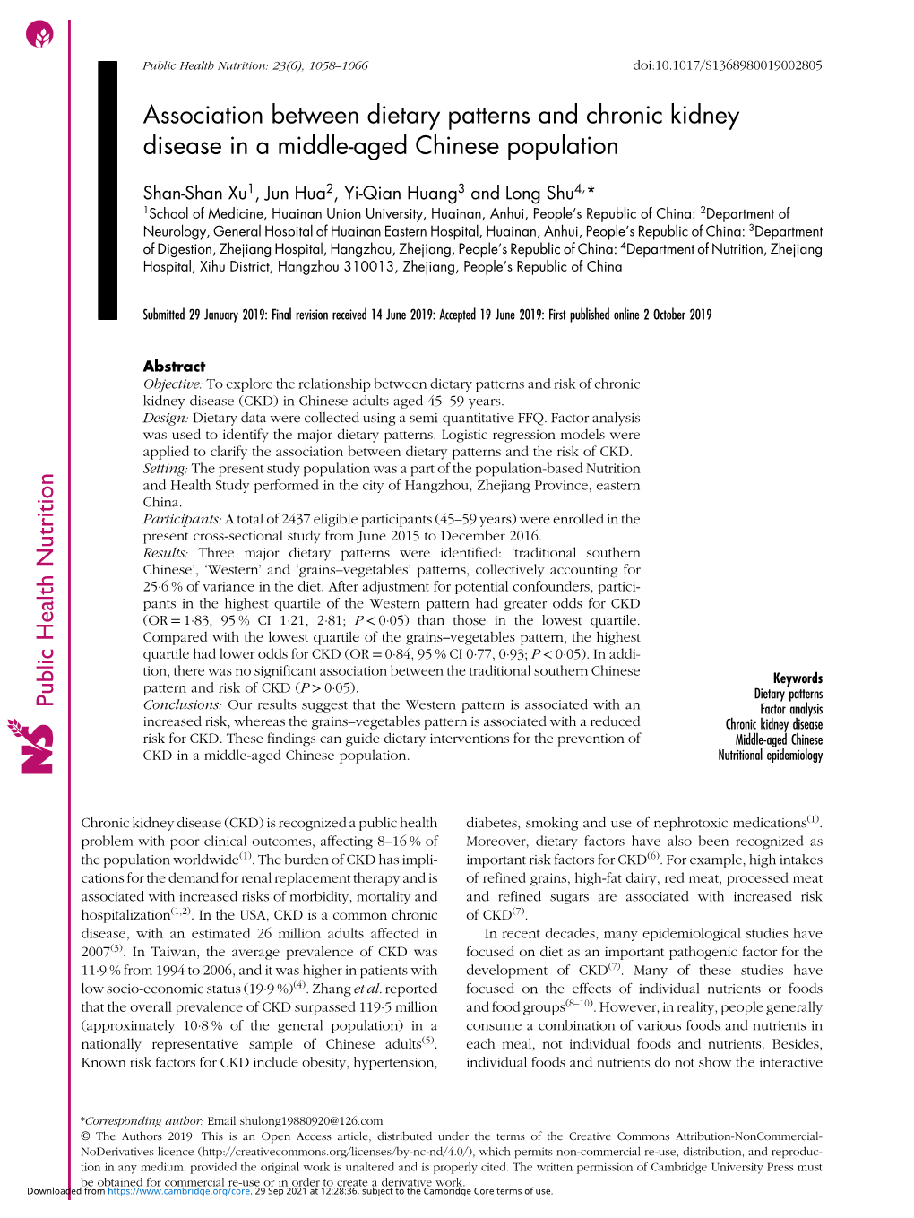 Association Between Dietary Patterns and Chronic Kidney Disease in a Middle-Aged Chinese Population