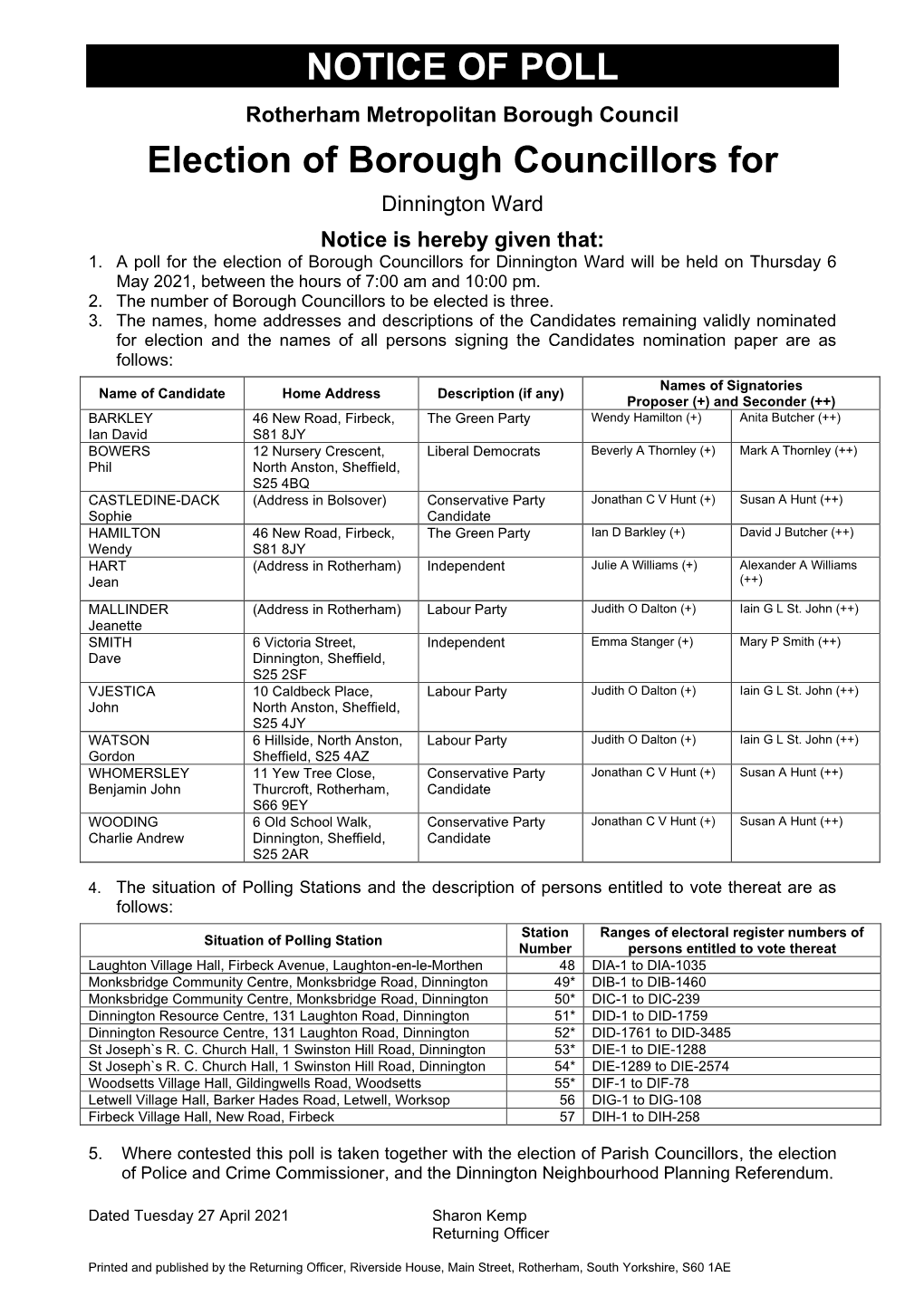 NOTICE of POLL Election of Borough Councillors