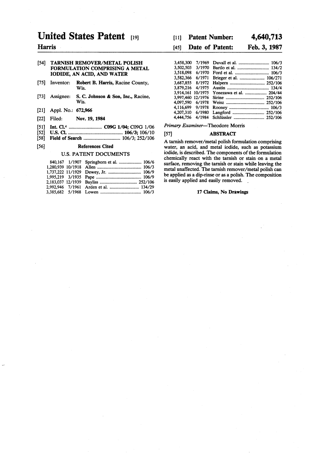 United States Patent (19) 11 Patent Number: 4,640,713 Harris 45 Date of Patent: Feb