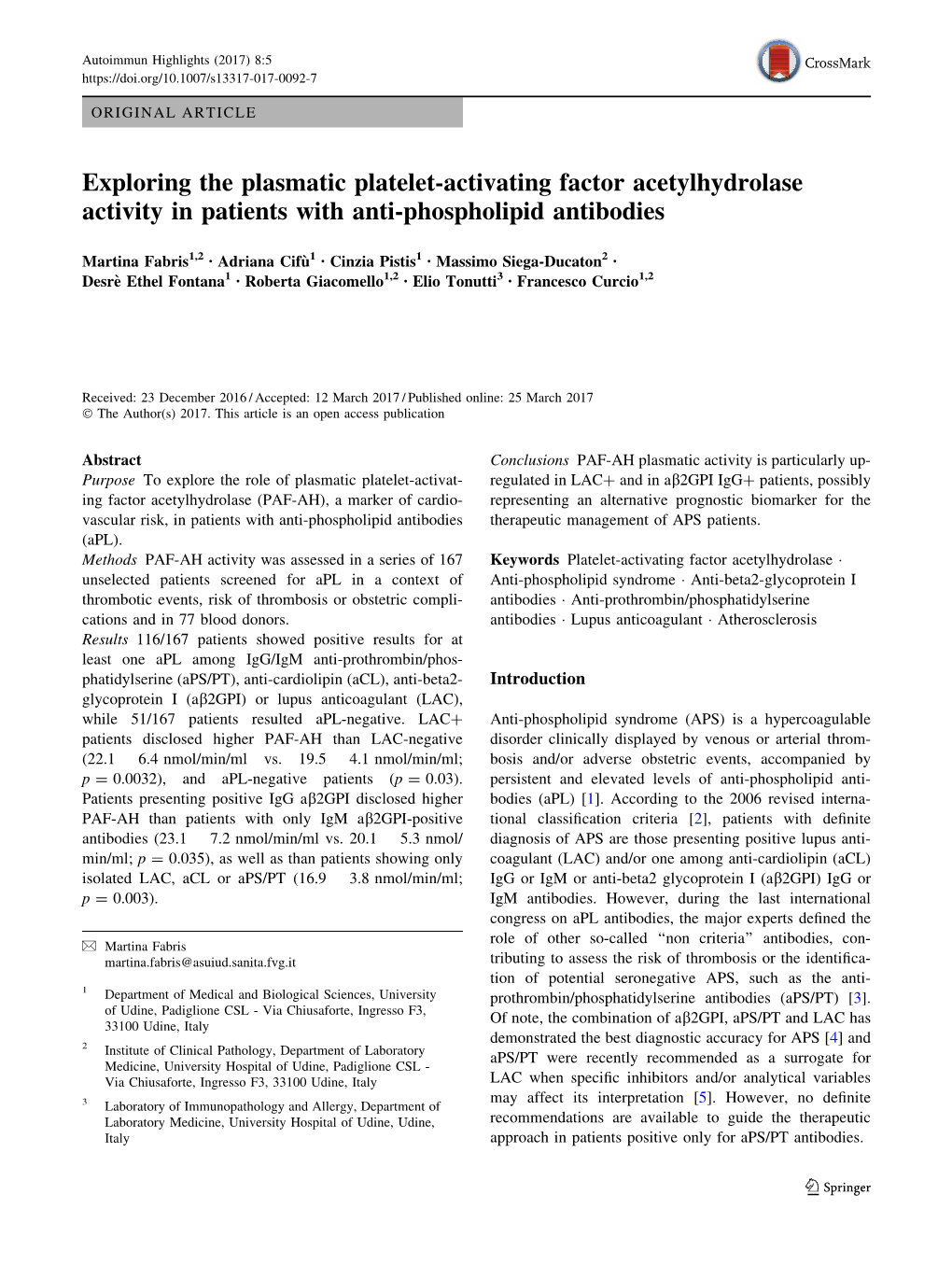 Exploring the Plasmatic Platelet-Activating Factor Acetylhydrolase Activity in Patients with Anti-Phospholipid Antibodies