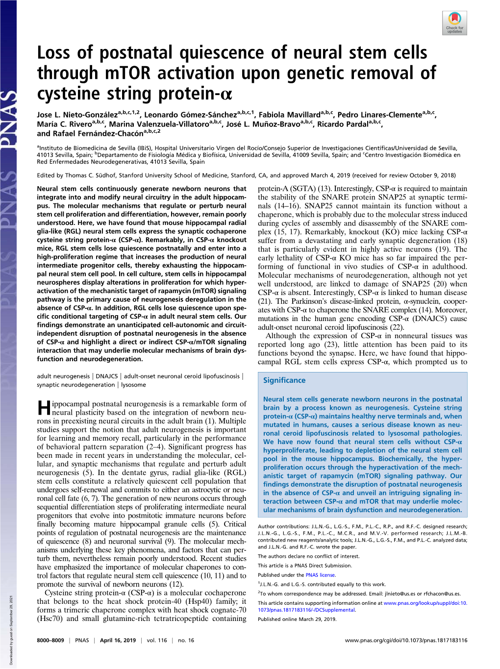 Loss of Postnatal Quiescence of Neural Stem Cells Through Mtor Activation Upon Genetic Removal of Cysteine String Protein-Α