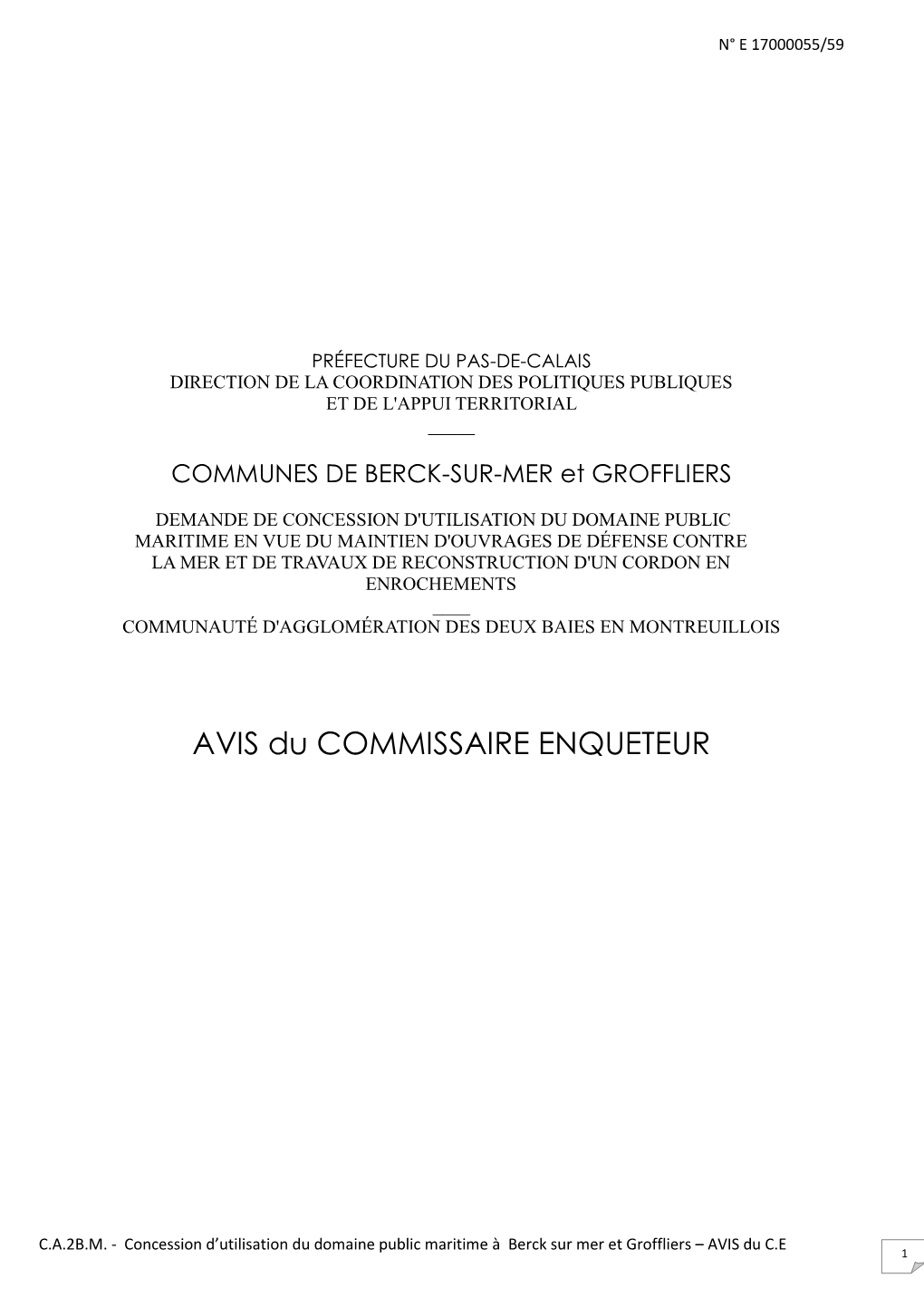 AVIS Du COMMISSAIRE ENQUETEUR