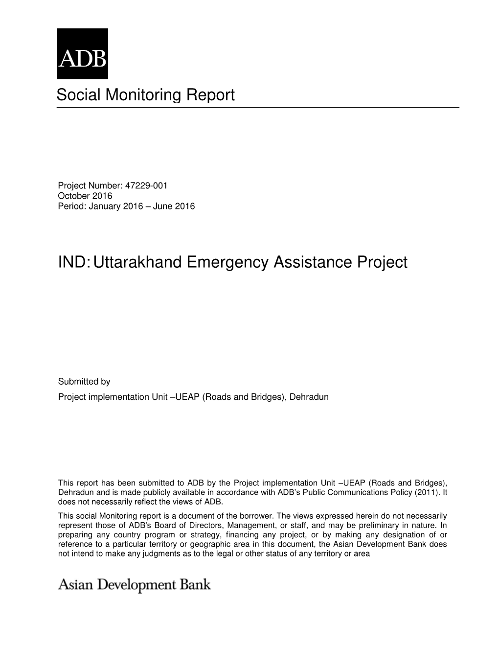 Social Monitoring Report IND:Uttarakhand Emergency Assistance Project