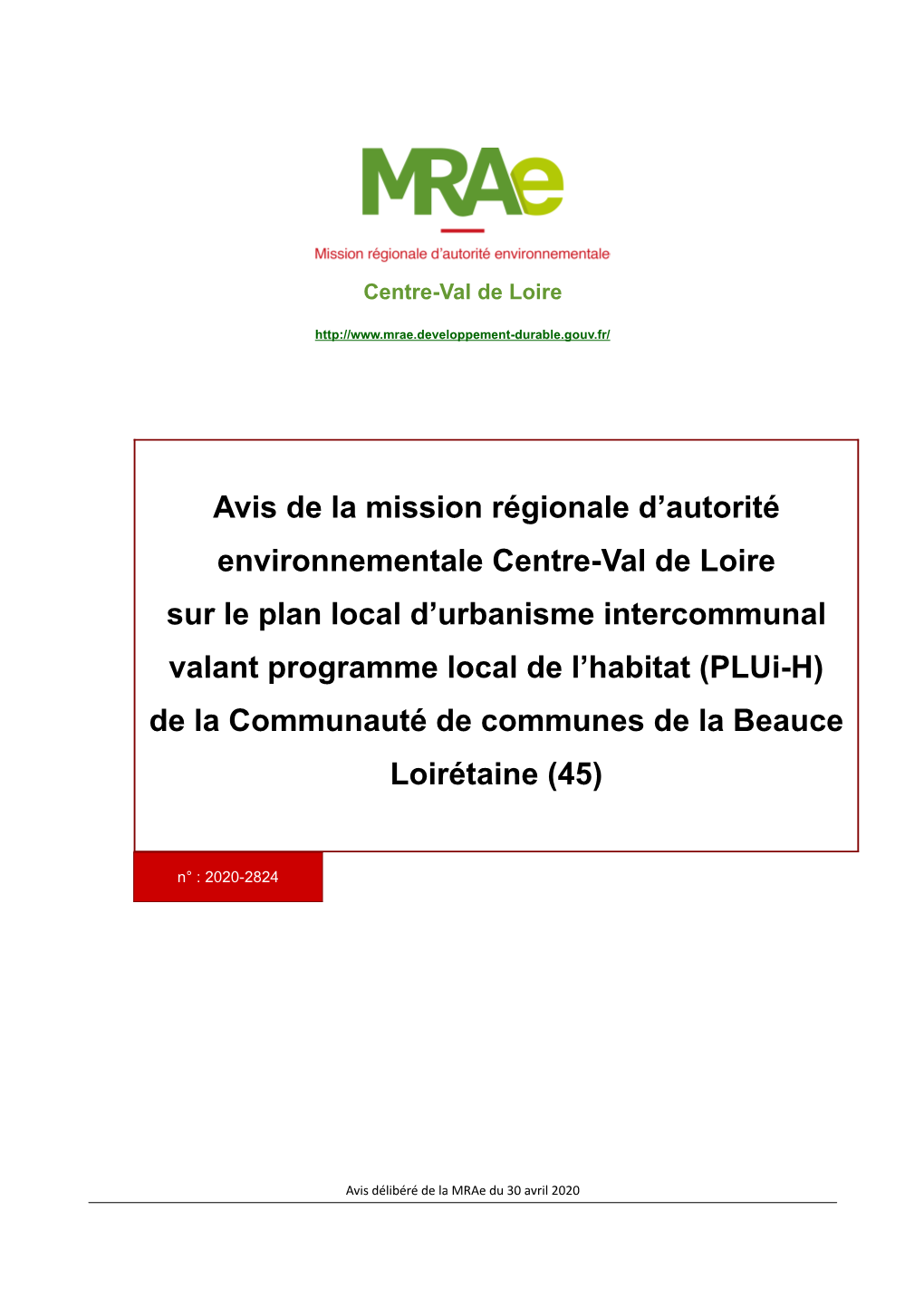 Avis De La Mission Régionale D'autorité Environnementale Centre-Val De