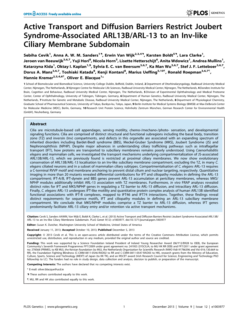 Active Transport and Diffusion Barriers Restrict Joubert Syndrome-Associated ARL13B/ARL-13 to an Inv-Like Ciliary Membrane Subdomain