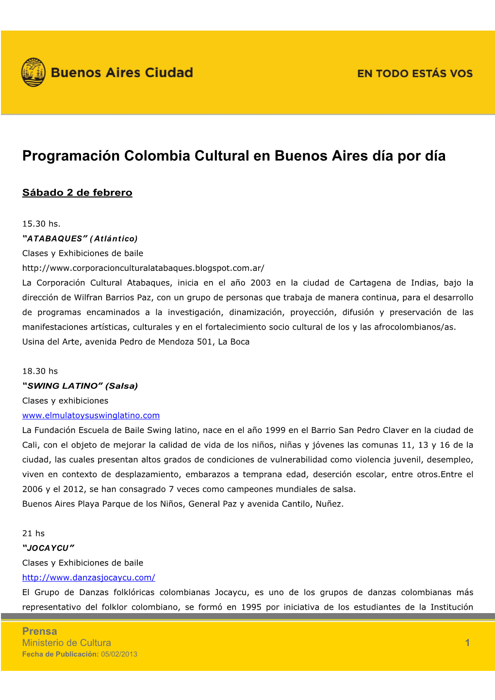 Programación Colombia Cultural En Bs As 2013