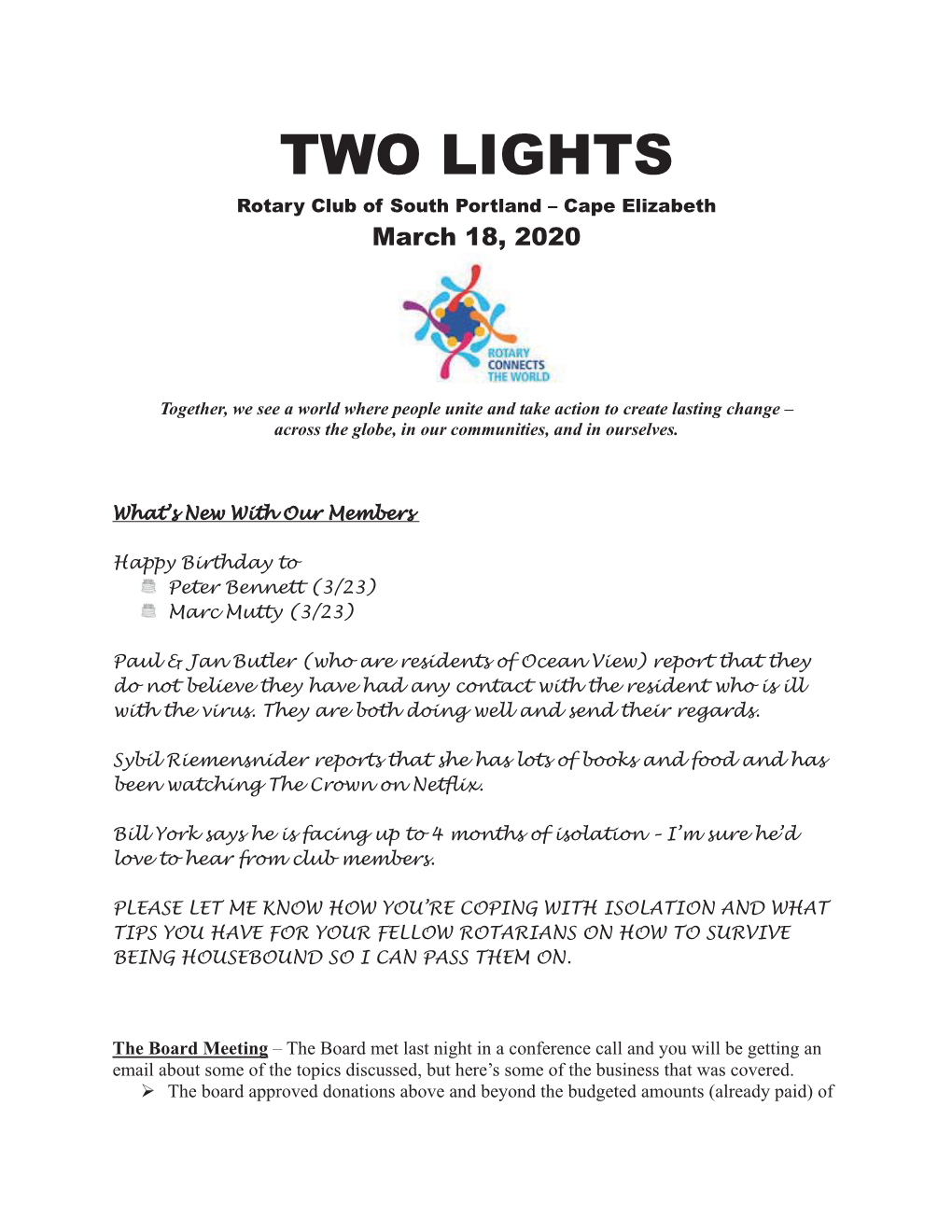 TWO LIGHTS Rotary Club of South Portland – Cape Elizabeth March 18, 2020