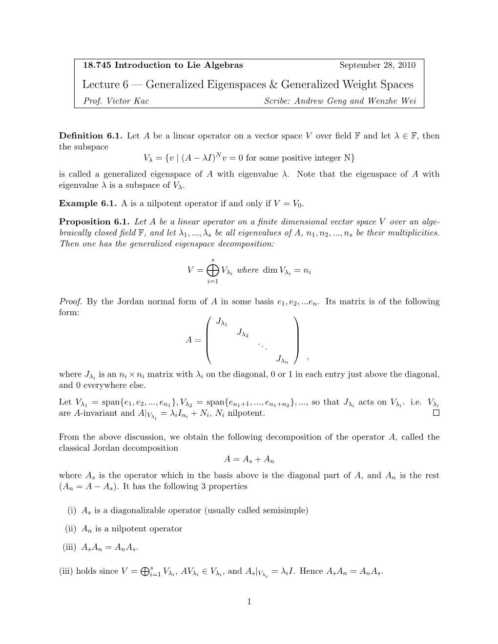 Lecture 6 — Generalized Eigenspaces & Generalized Weight