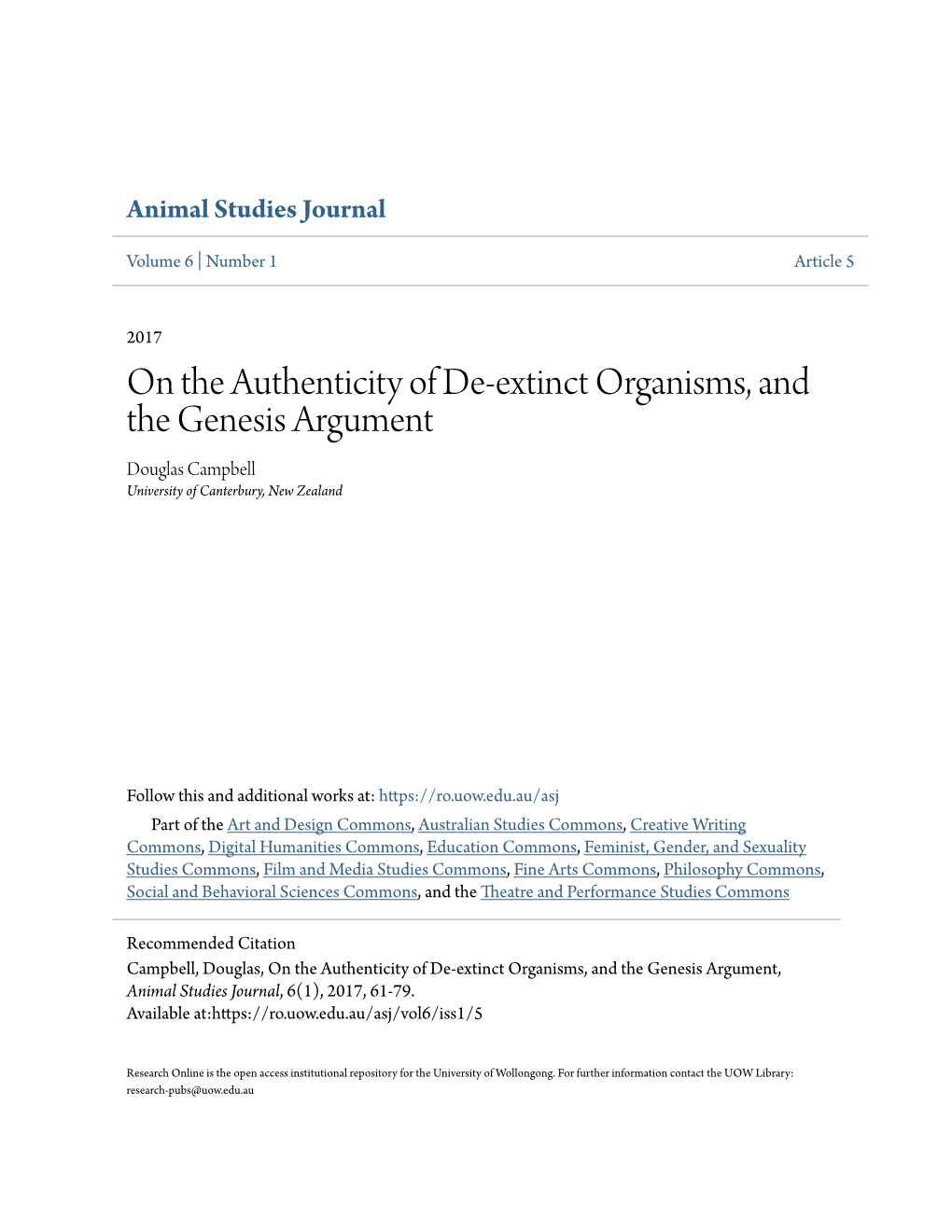 On the Authenticity of De-Extinct Organisms, and the Genesis Argument Douglas Campbell University of Canterbury, New Zealand