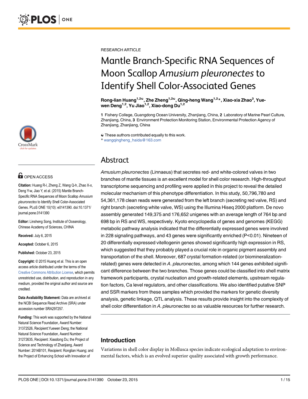 Amusium Pleuronectes to Identify Shell Color-Associated Genes