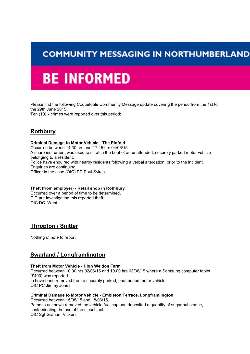 Rothbury Thropton / Snitter Swarland / Longframlington