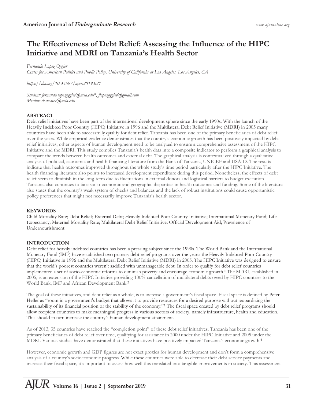 The Effectiveness of Debt Relief: Assessing the Influence of the HIPC Initiative and MDRI on Tanzania's Health Sector