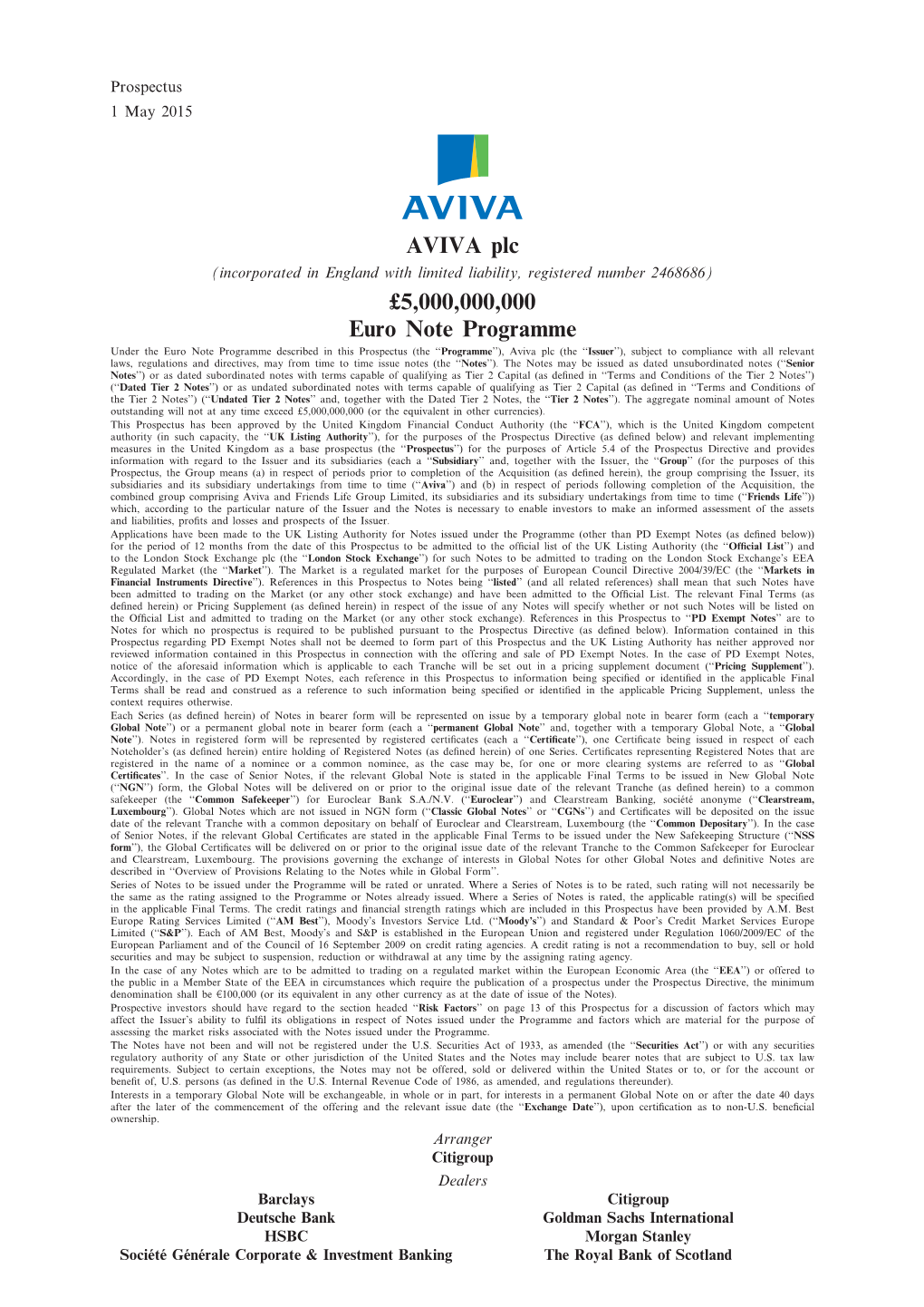 AVIVA Plc £5,000,000,000 Euro Note Programme