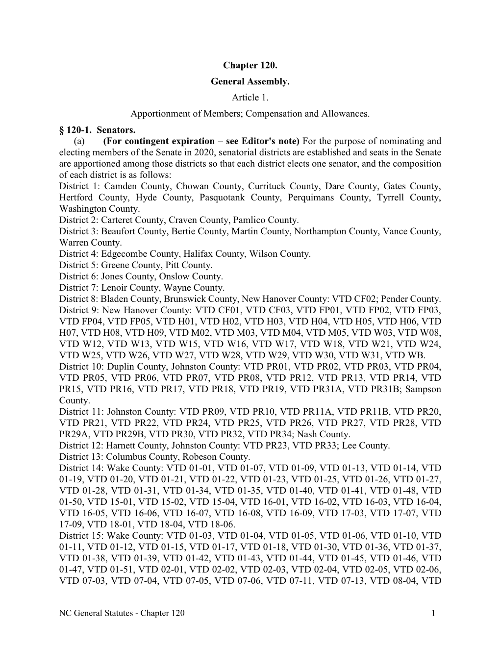 Chapter 120. General Assembly. Article 1. Apportionment of Members; Compensation and Allowances