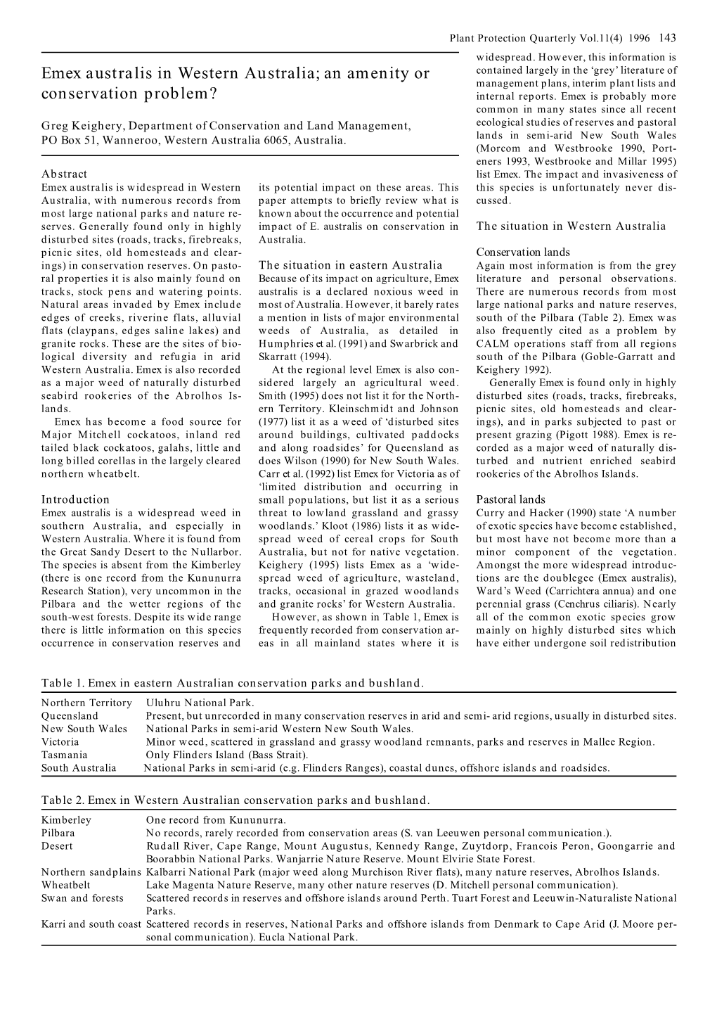 Emex Australis in Western Australia; an Amenity Or Conservation Problem?