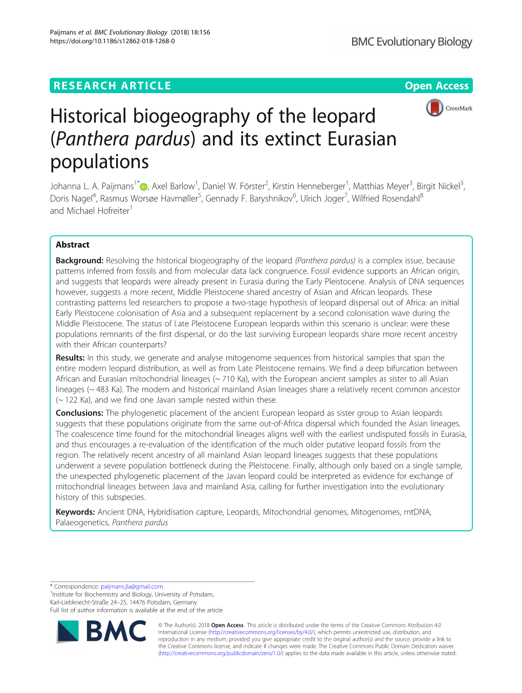 Panthera Pardus) and Its Extinct Eurasian Populations Johanna L