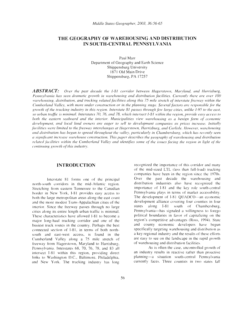 The Geography of Warehousing and Distribution in South-Central Pennsylvania